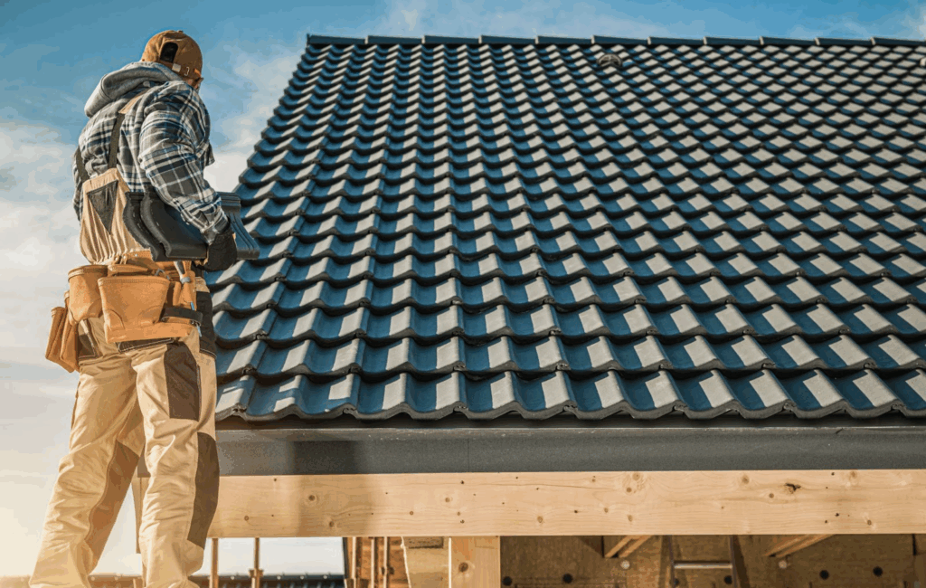 Tile roofing contractor inspects the completed roof work.