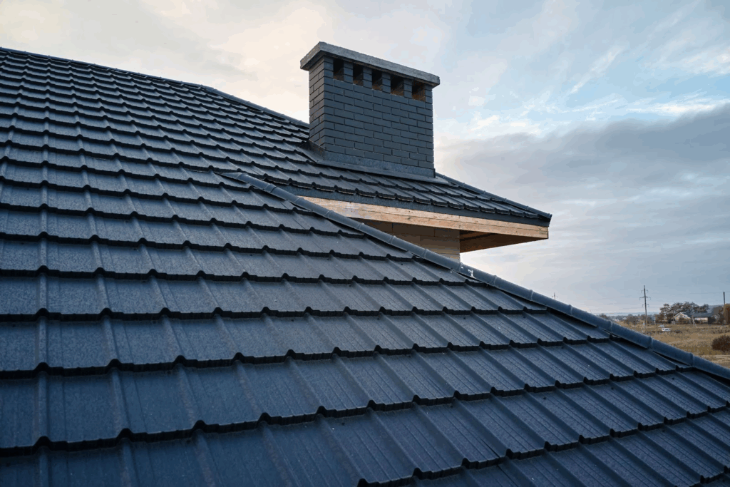 Close-up of house roof with metallic shingle tiles.