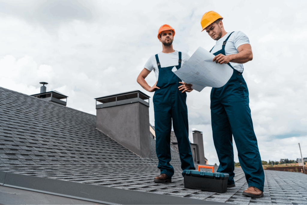 Two contractors on a roof.
